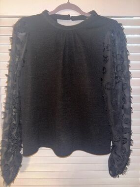 THML Black Long Sleeve Knit Top with Sheer Appliqué Sleeves